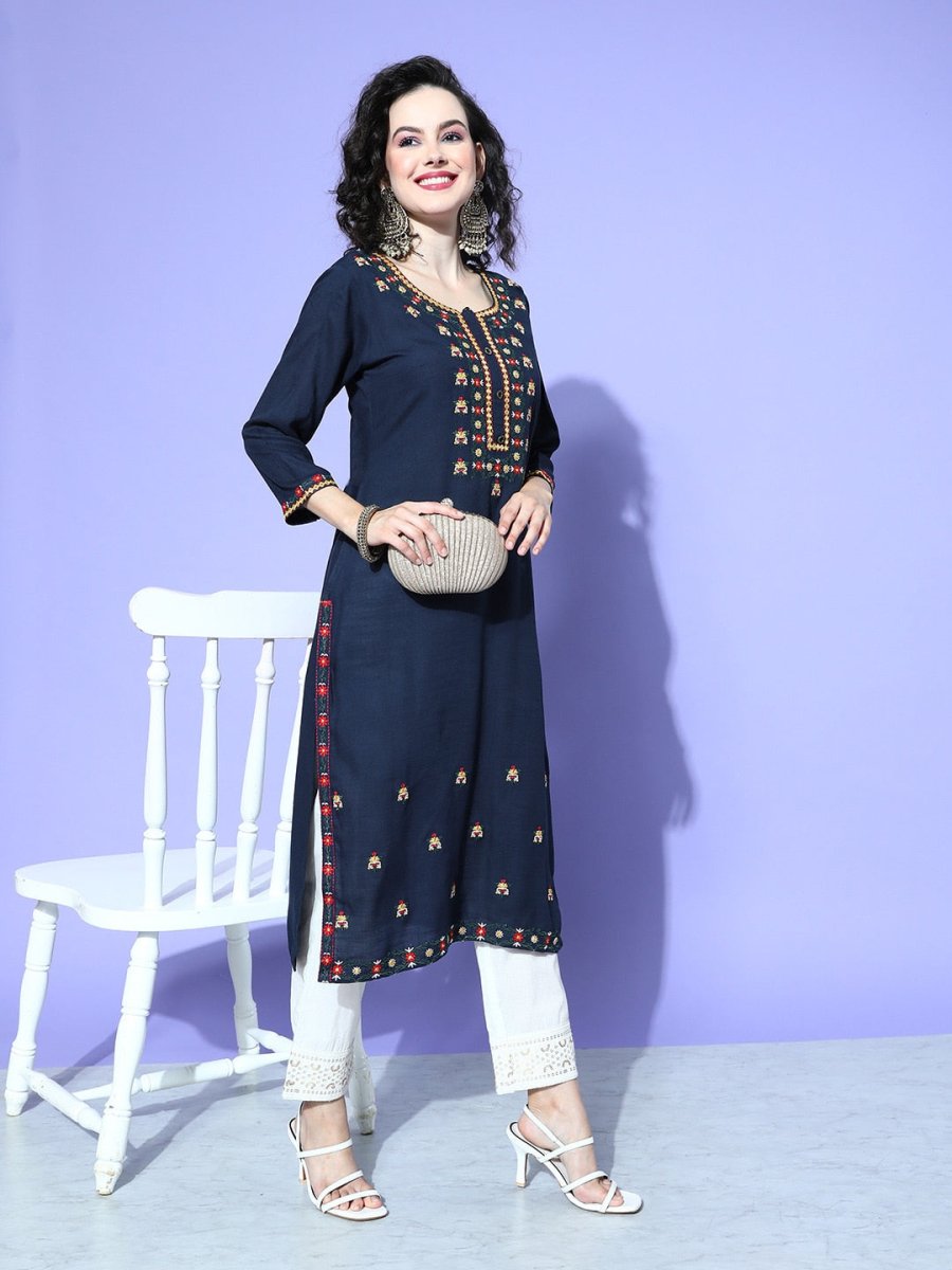 All About You Women Blue Embroidered Regular Mirror Work Liva Kurta with Trousers - Distacart