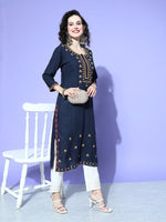 Thumbnail for All About You Women Blue Embroidered Regular Mirror Work Liva Kurta with Trousers - Distacart