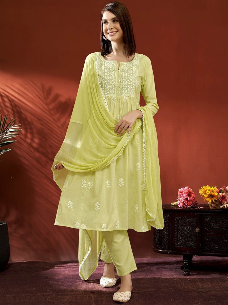 Anouk Women Floral Panelled Thread Work Pure Cotton Kurta with Trousers & With Dupatta - Distacart