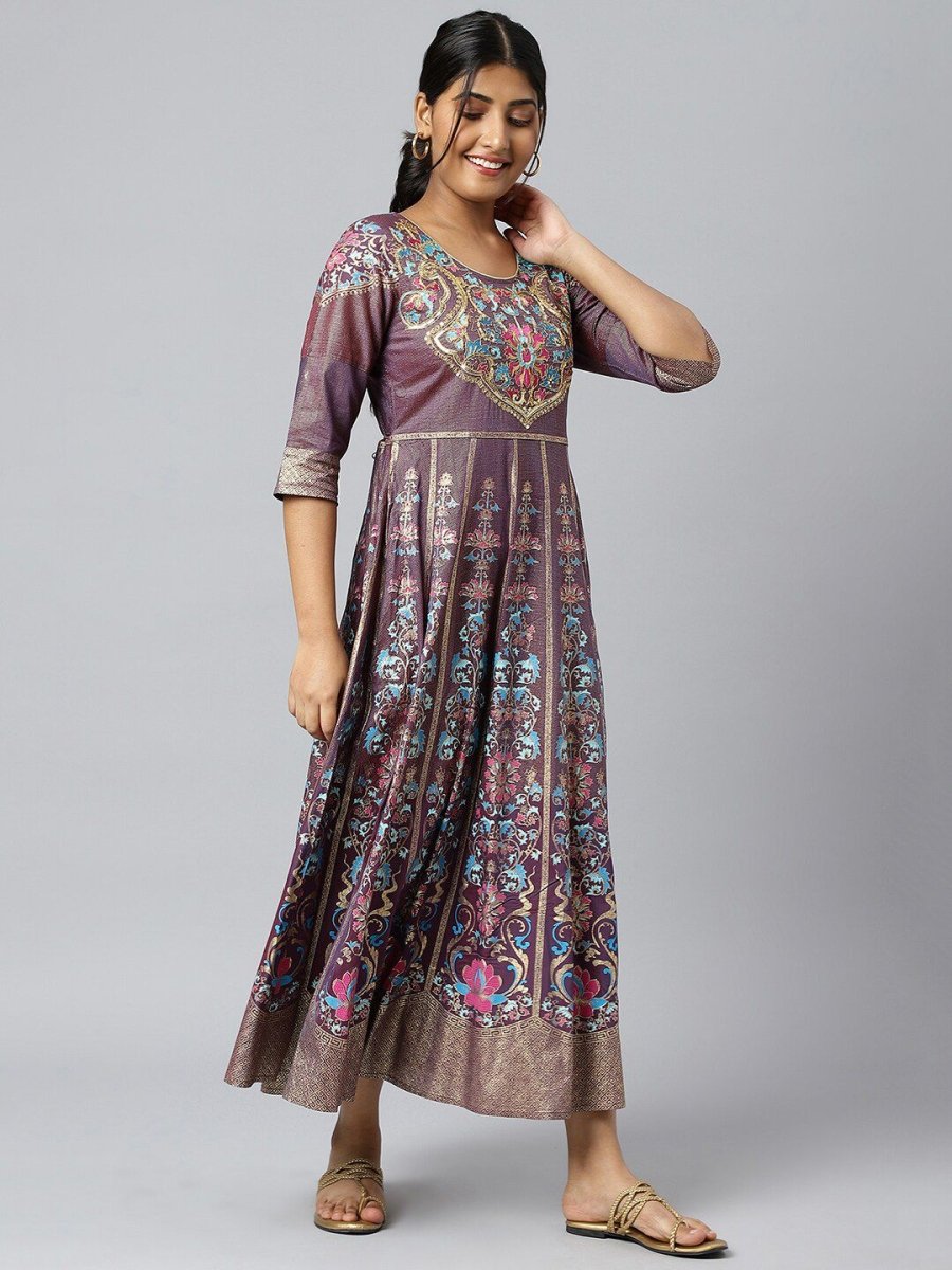 AURELIA Purple & Gold Ethnic Motifs Printed Maxi Dress