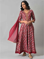 Thumbnail for AURELIA Maroon & Gold-Toned Zari Embroidered Floral Printed Choker Maxi Dress