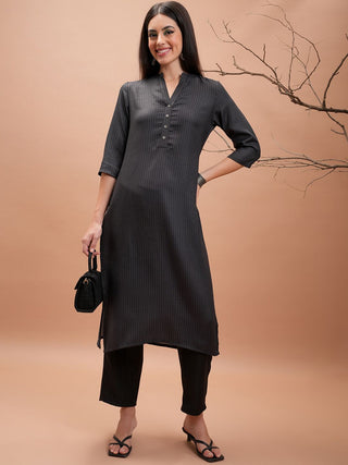 Vishudh Black Ethnic Motifs Printed Mandarin Collar Winter Regular Kurta With Trousers - Distacart