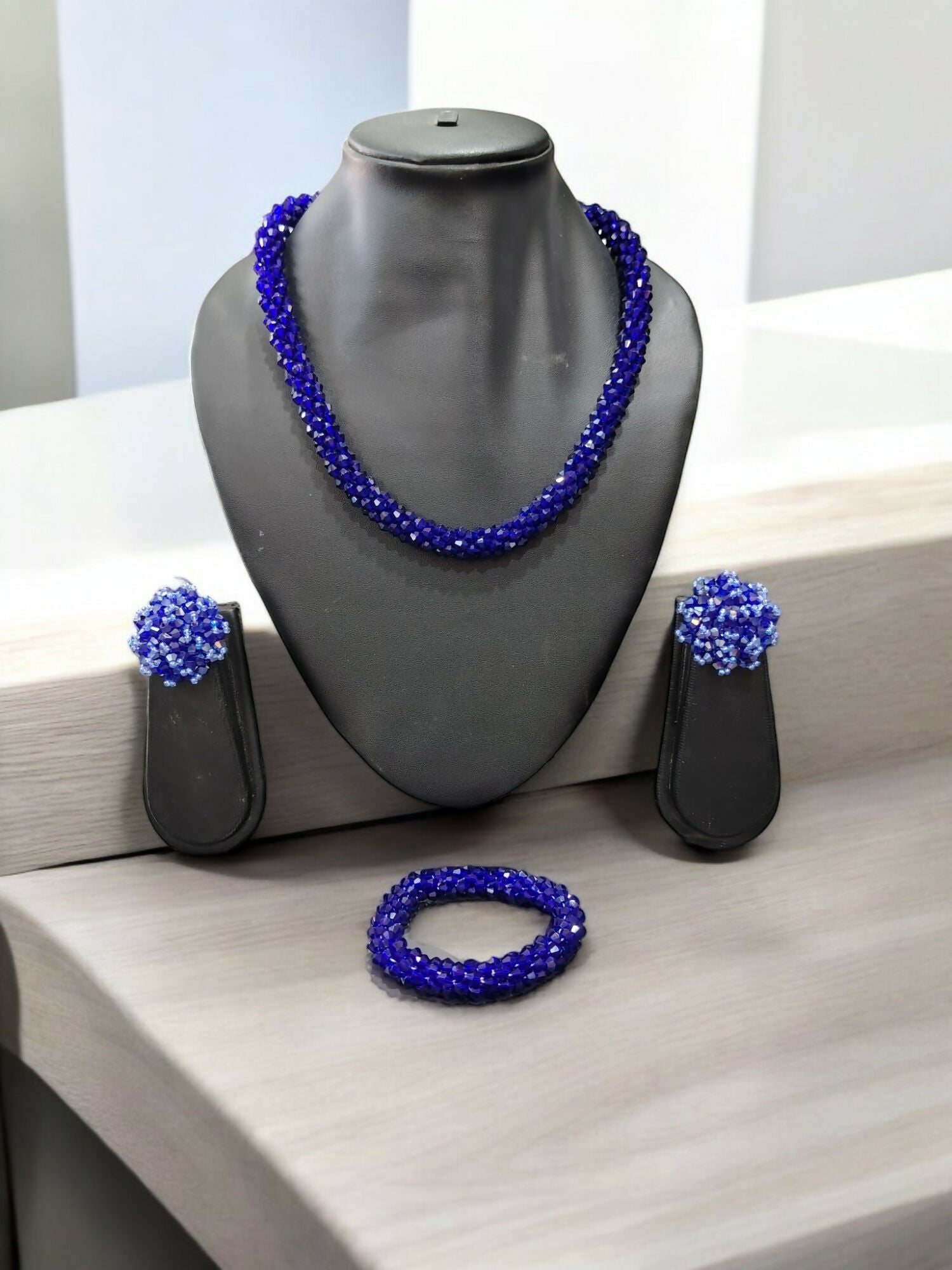 Inhanns Complete Look Crystal Statement 3-Piece Set (Adjustable Necklace + Earrings + Adjustable Bangle ) - Blue - Distacart