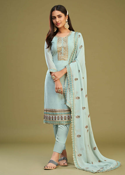 Ice Blue Swarovski Work & Embroidered Eid Wear Salwar Suit - Emponline - Distacart