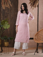 Thumbnail for ADA Women Pink Chikankari Hand Embroidered Straight Kota Handloom Kurta With Matching Slip - Distacart
