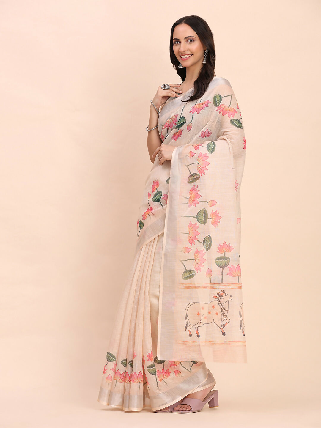 Astita Linen Cotton Peach Saree