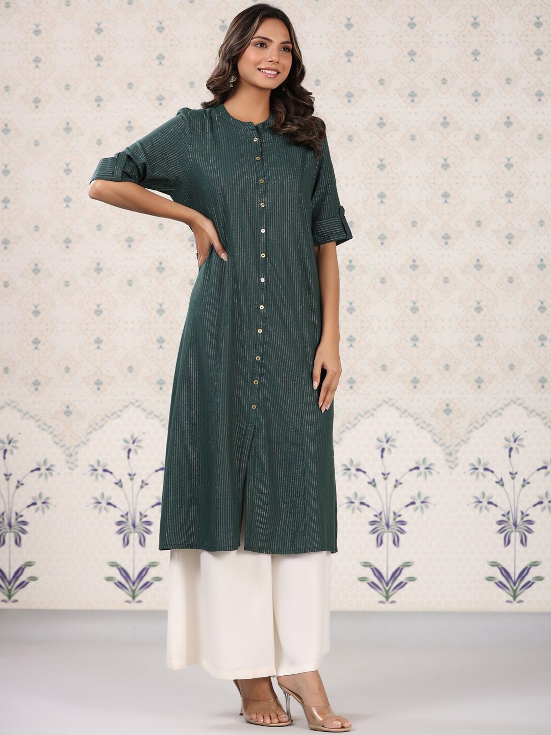 Ode by House of Pataudi Striped Roll Up Sleeves Pure Cotton Kurta - Distacart