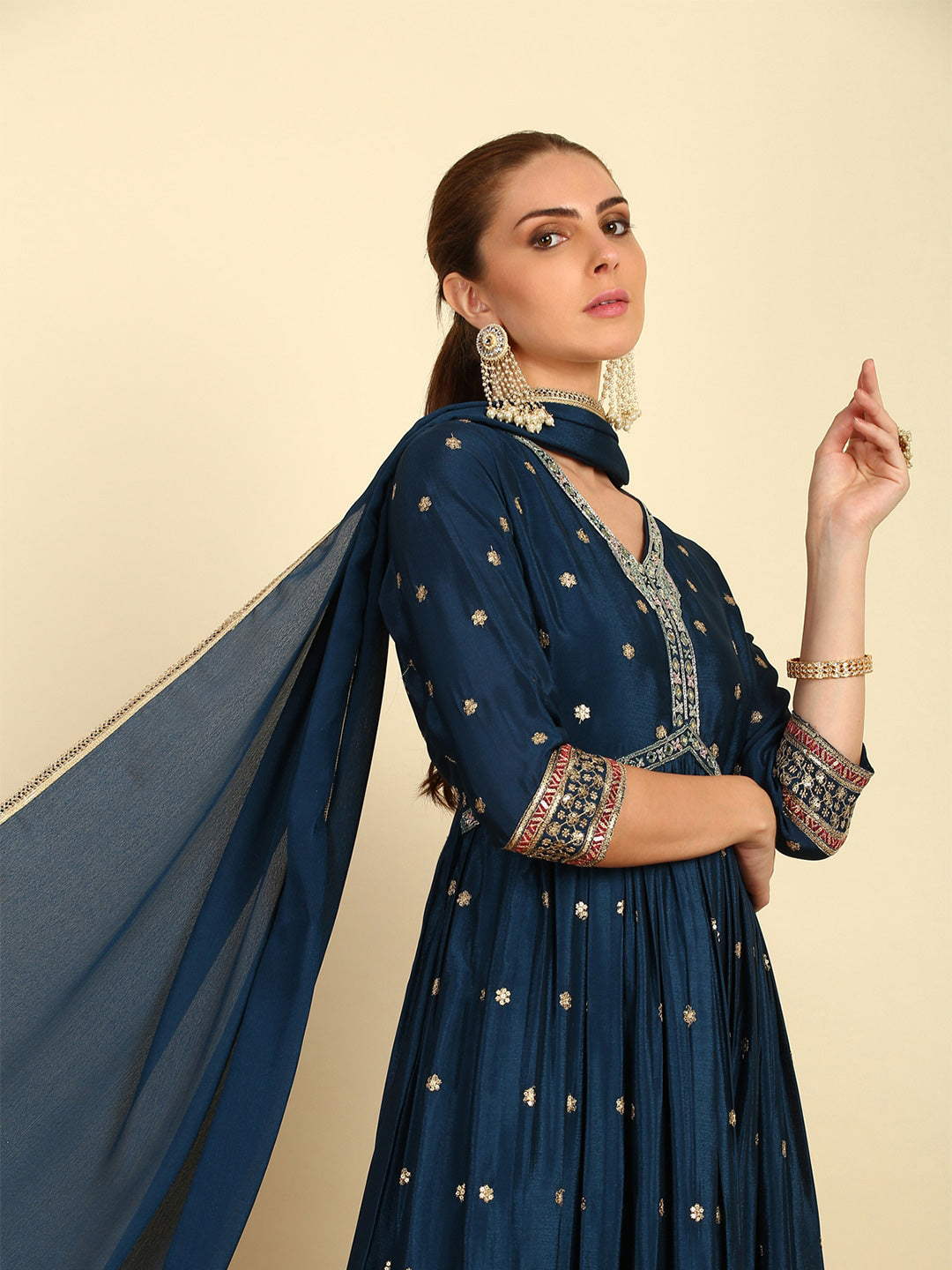 Soch Floral Embroidered Empire Mirror Work Kurta & Churidar With Dupatta - Distacart