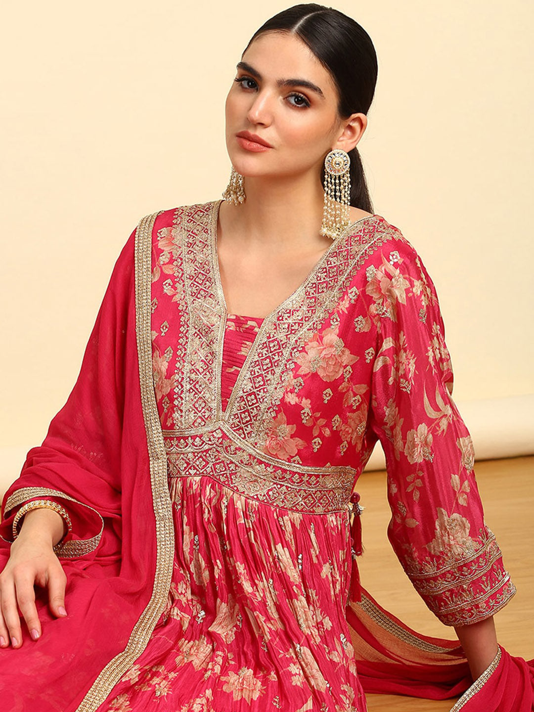 Soch Floral Embroidered Regular Kurta with Churidar & Dupatta - Distacart