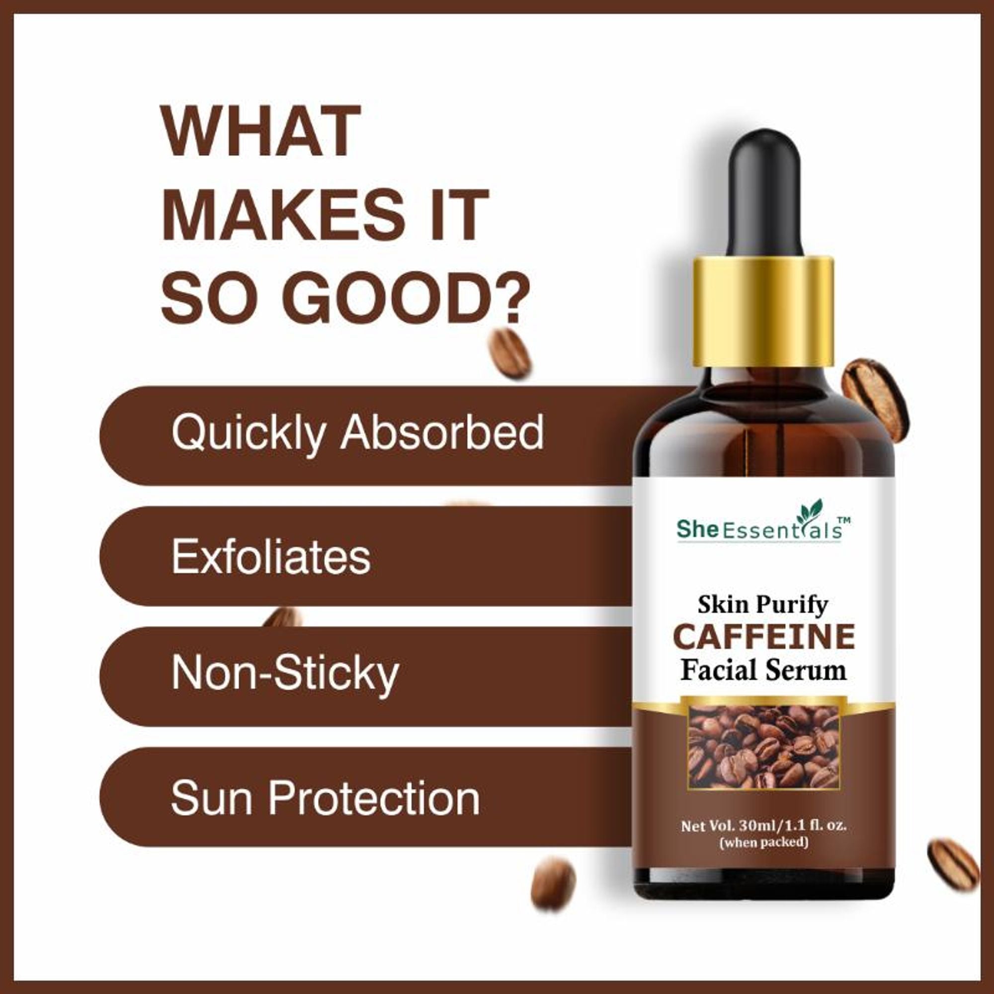 She Essentials Coffee Face Serum For Hydration & Sun Damage Protection - Antioxidant-Rich