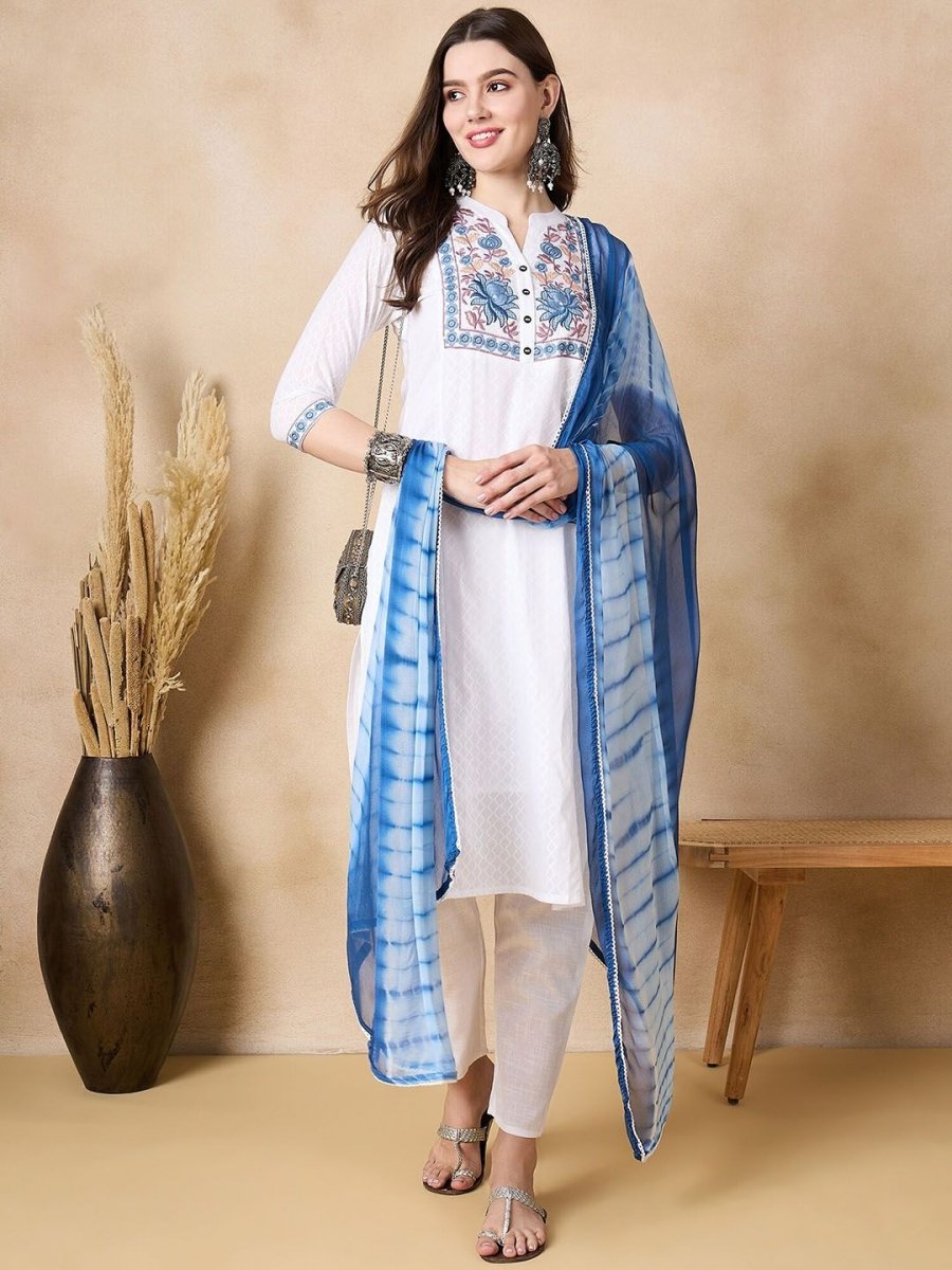Anouk Regular Thread Work Pure Cotton Kurta with Trousers & With Dupatta - Distacart