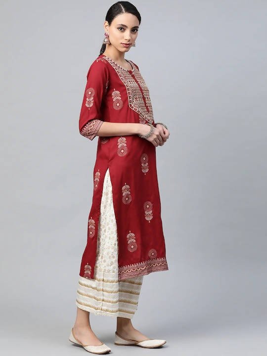Anubhutee Maroon & White Ethnic Motifs Print Kurta with Palazzos - Distacart