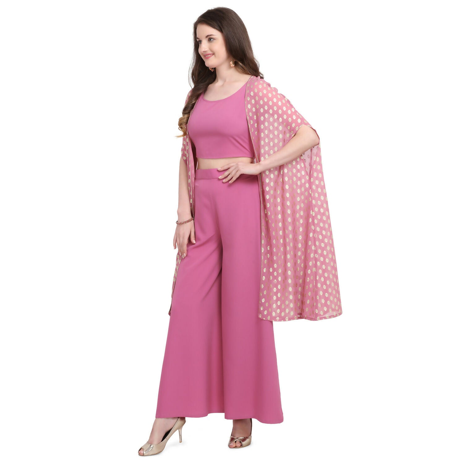 Vamika Crepe Rubber Print Pink Party Wear/Casual Wear/Office Wear Top Plazzo With Shrug - Distacart