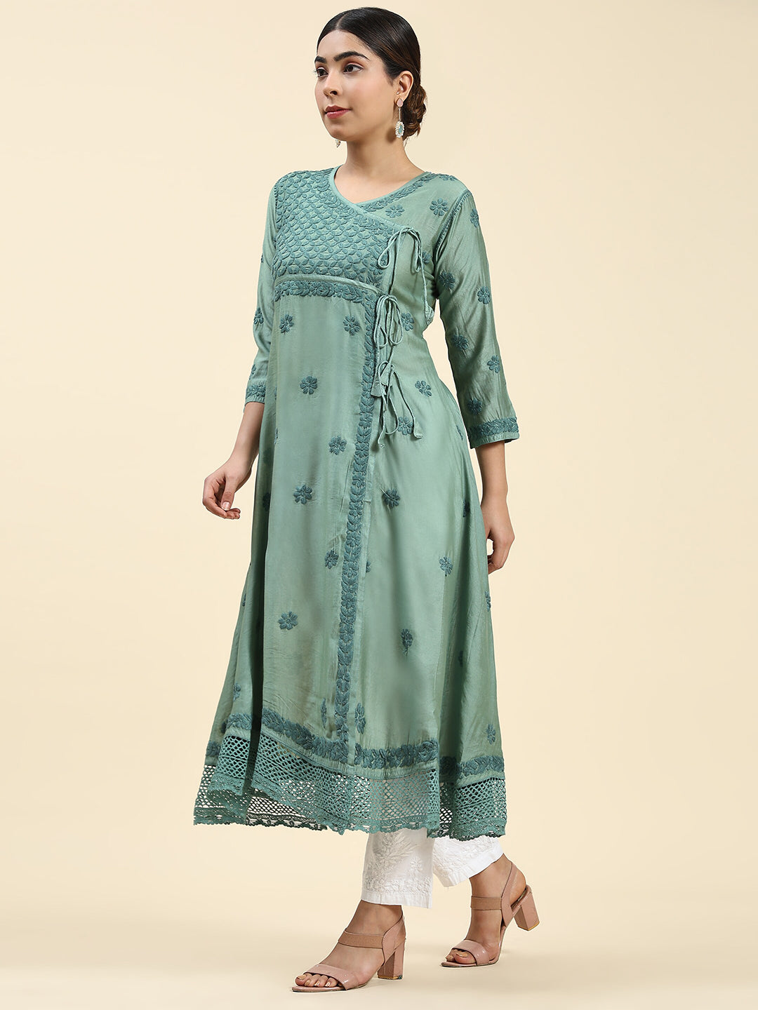 HOUSE OF KARI Embroidered Chikankari Chanderi Silk Anarkali Kurta - Distacart
