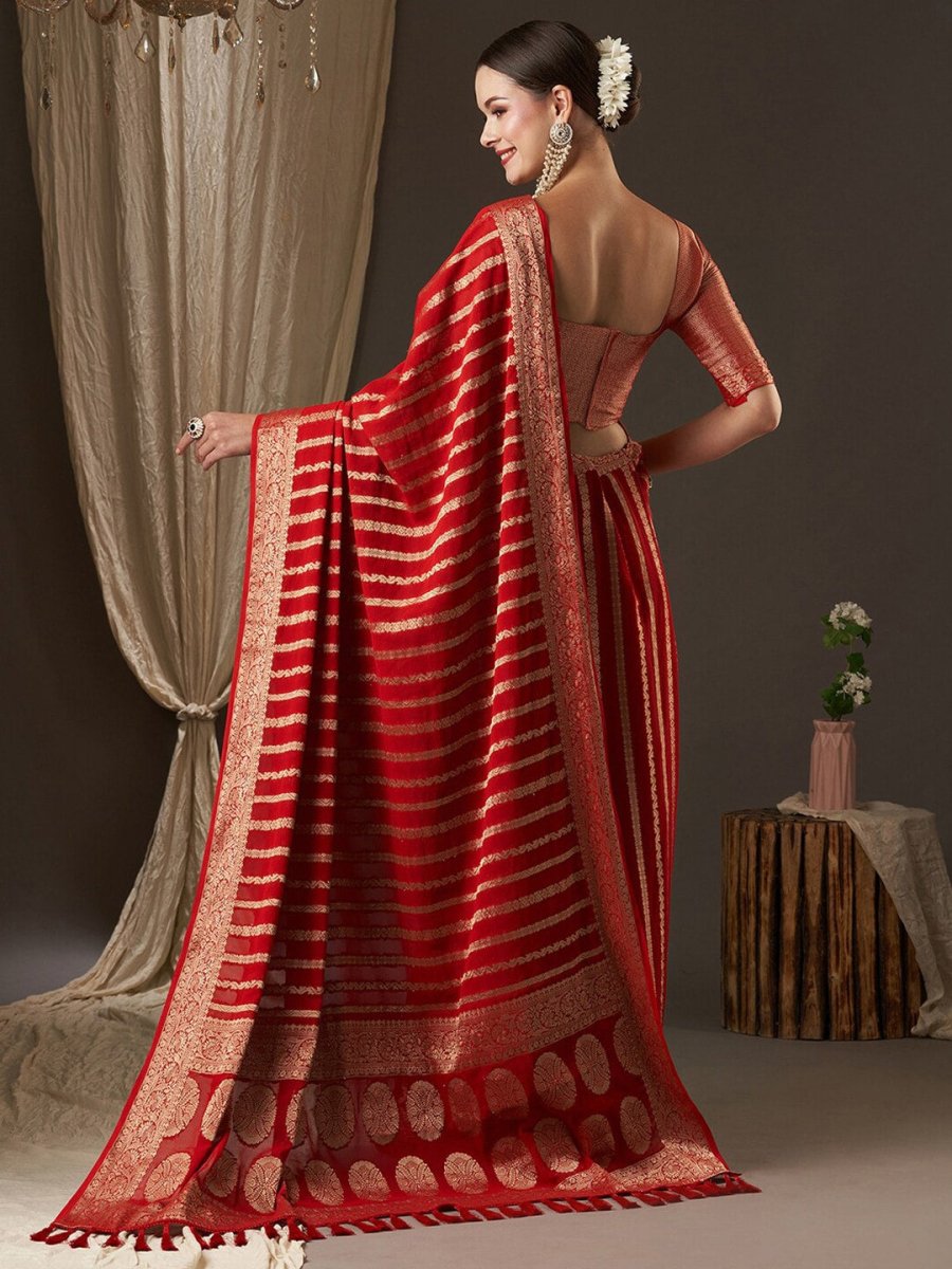 Anouk Red & Gold-Toned Woven Design Zari Pure Georgette Kanjeevaram Saree - Distacart