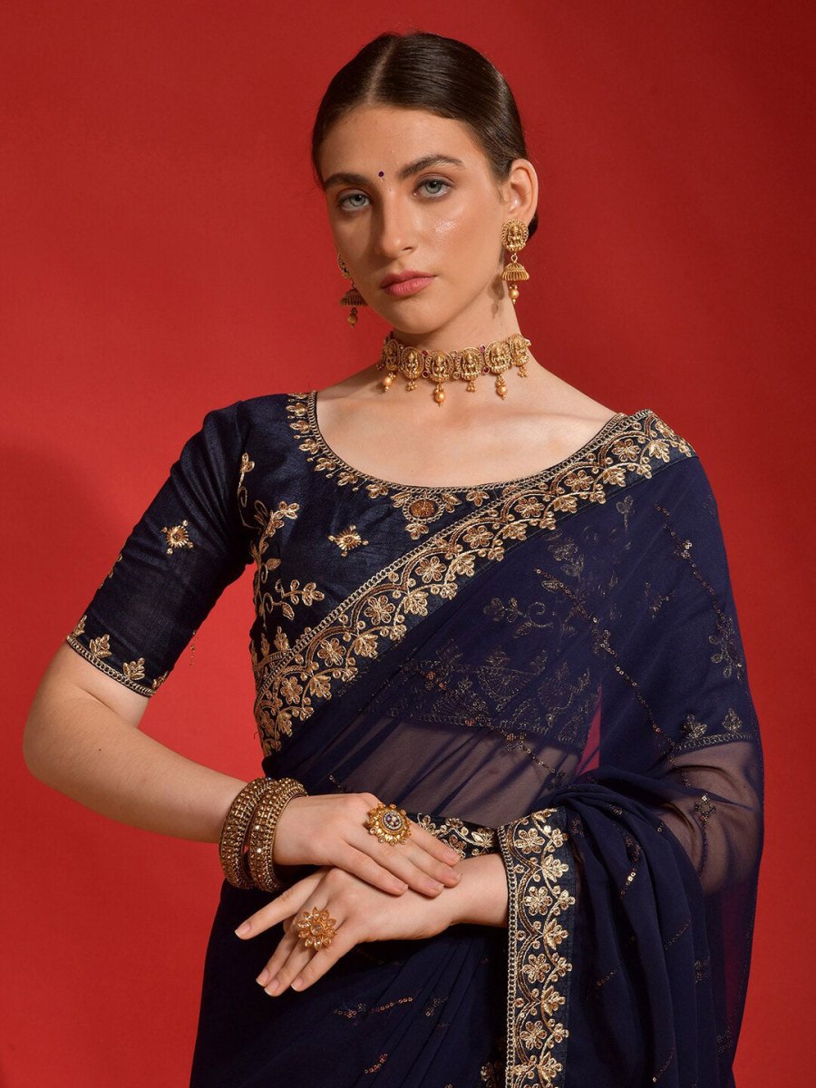 Anouk Navy Blue Embellished Sequinned Pure Georgette Saree - Distacart