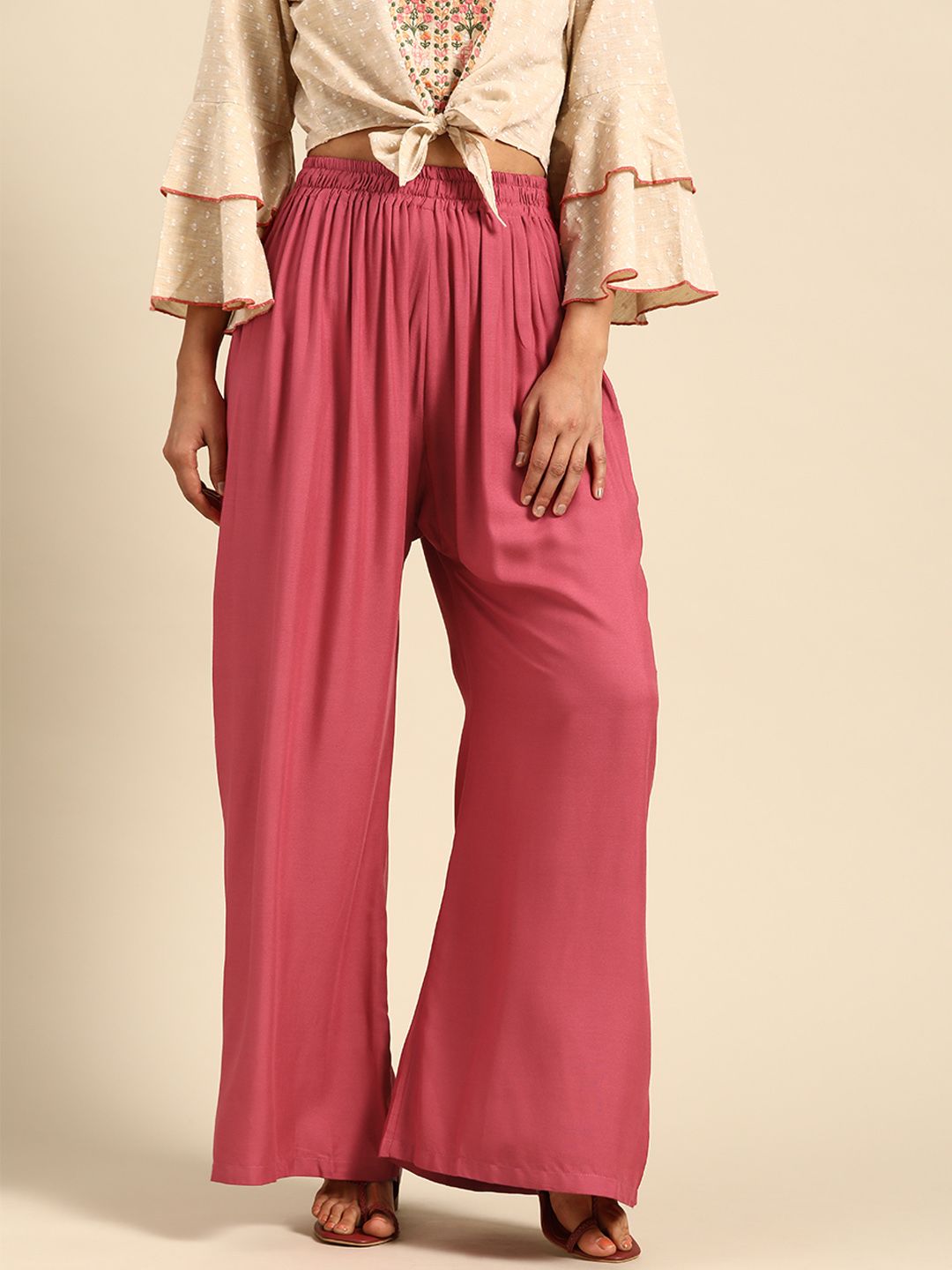TAG 7 Women Pink Solid Wide Leg Palazzos - Distacart