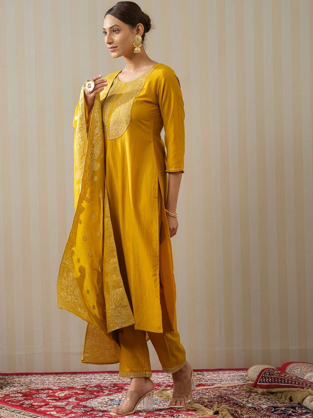 Ode by House of Pataudi Yellow Ethnic Motifs Straight Kurta & Trousers With Dupatta