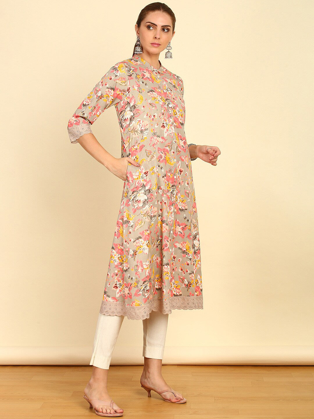 Soch Floral Printed Mandarin Collar Cotton A-Line Kurta - Distacart