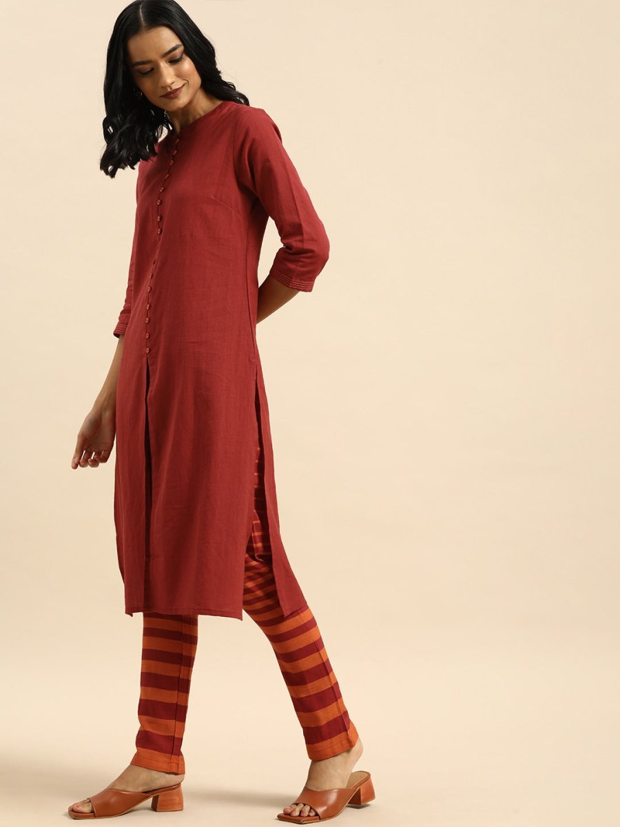 All About You Women Red & Orange Pure Cotton Kurta with Trousers - Distacart
