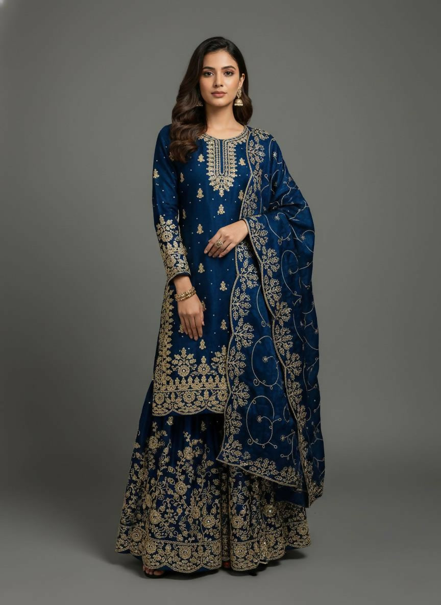 Teeya Creation Blue Color Gymmi Silk Embroidery Work Wedding Wear Sharara Set