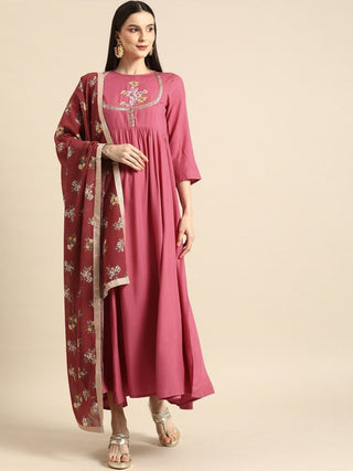 All About You Women Rust Pink Ethnic Motifs Yoke Design Thread Work Kurta with Dupatta - Distacart