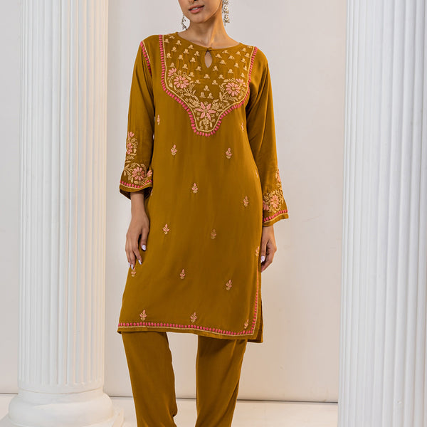 HOUSE OF KARI Floral Embroidered Chikankari Kurta With Palazzo - Distacart