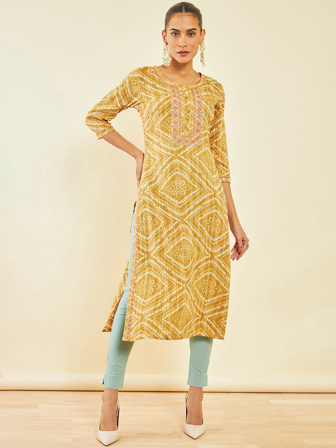 Soch Mustard Yellow Bandhani Printed Round Neck Thread work Regular Kurta - Distacart