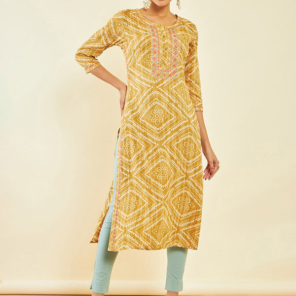 Soch Mustard Yellow Bandhani Printed Round Neck Thread work Regular Kurta - Distacart