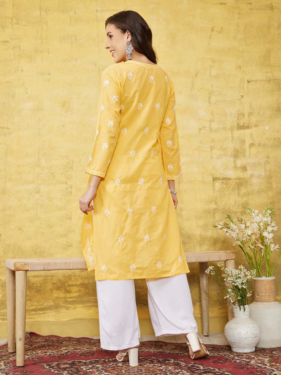 ADA Women Yellow & White Chikankari Embroidered Straight Sustainable Handloom Kurta - Distacart