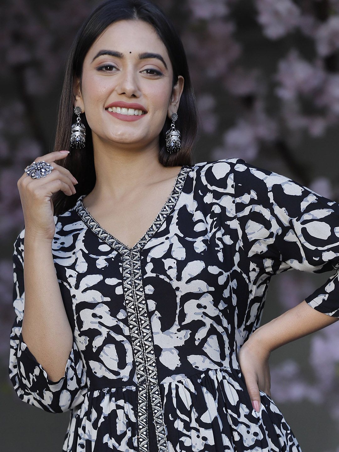 Kalini Abstract Printed Zari Work V-Neck Anarkali Kurta - Distacart