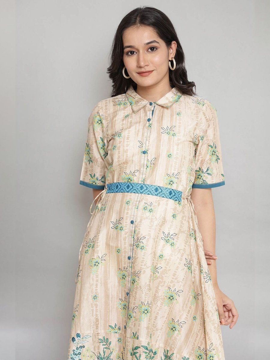AURELIA Cream-Coloured & Blue Floral A-Line Midi Dress