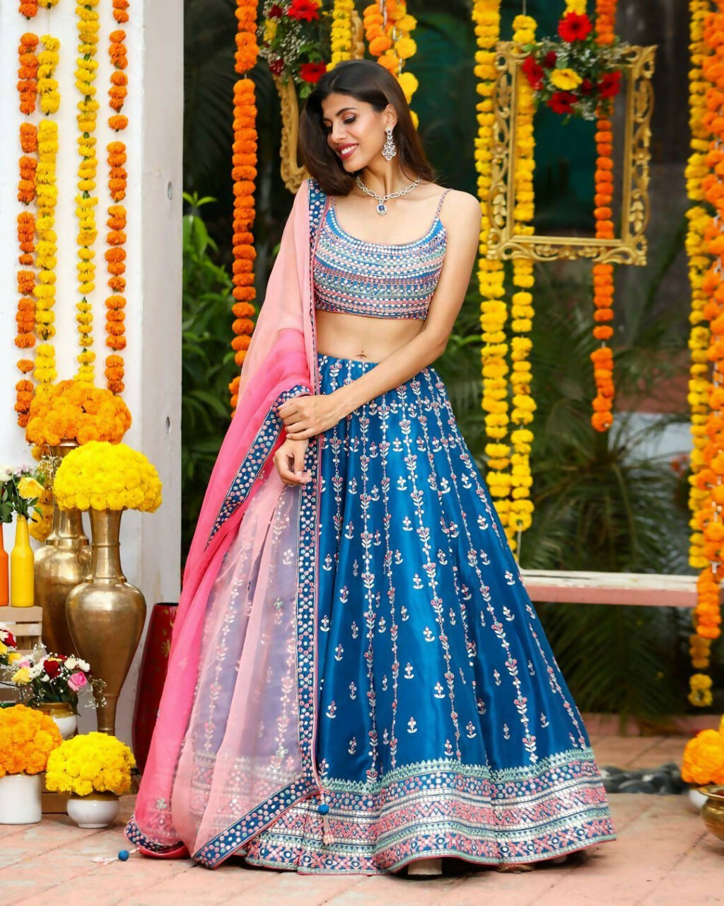 Jyoti Fashion Gorgeous Blue Sequins with Thread & Zari Embroidery Chinon Lehenga Choli with Dupatta - Distacart