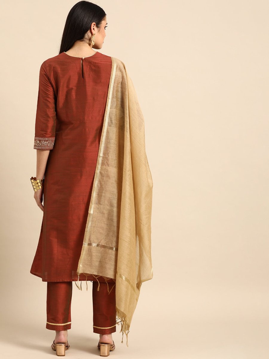 All About You Women Rust Embroidered Kurta with Trousers & Dupatta - Distacart