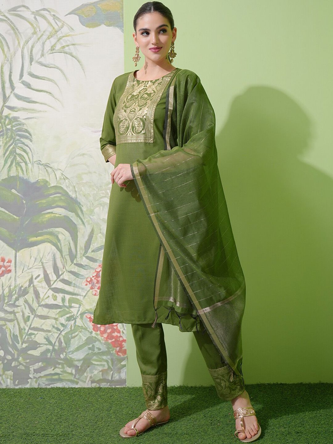 Vishudh Green Ethnic Motifs Yoke Design Zari Straight Kurta With Trousers & Dupatta