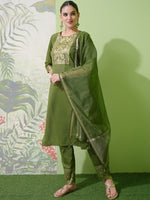Thumbnail for Vishudh Green Ethnic Motifs Yoke Design Zari Straight Kurta With Trousers & Dupatta