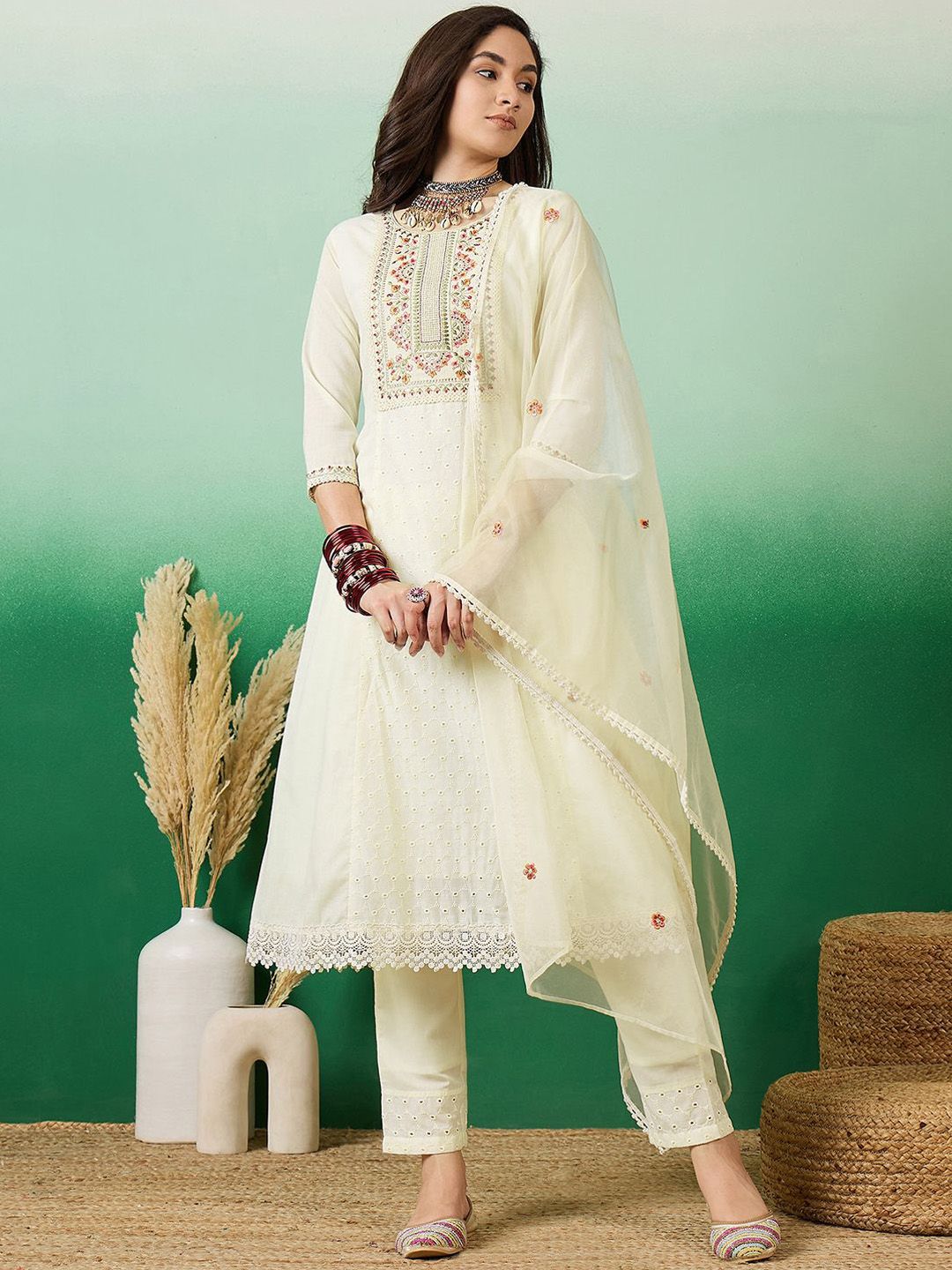 Sangria Off White Floral Embroidered Straight Kurta With Trousers With Dupatta - Distacart