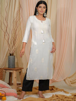 Thumbnail for Ode by House of Pataudi Floral Embroidered Tie-Up Neck Thread Work Straight Kurta - Distacart