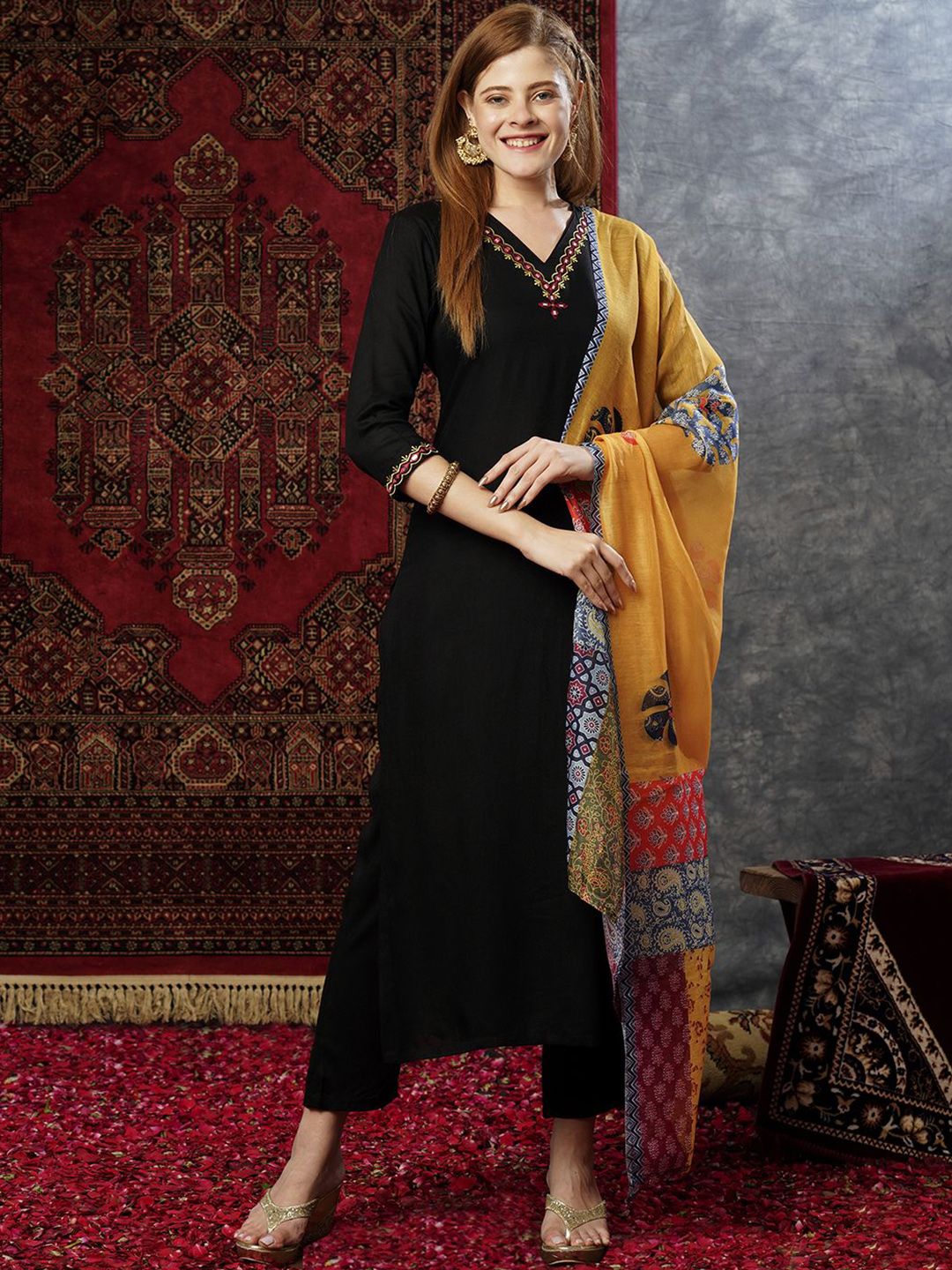 Kalini Mirror Work Embroidered Regular Straight Kurta With Trousers & Dupatta - Distacart
