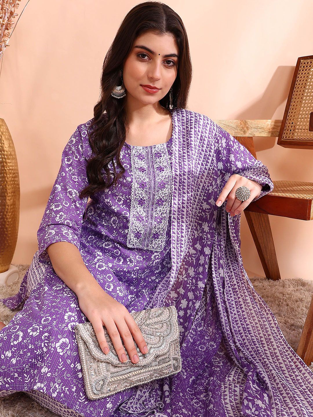 Ode by House of Pataudi Printed Mirror Work Pure Cotton Kurta With Trouser & Dupatta - Distacart