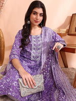 Thumbnail for Ode by House of Pataudi Printed Mirror Work Pure Cotton Kurta With Trouser & Dupatta - Distacart