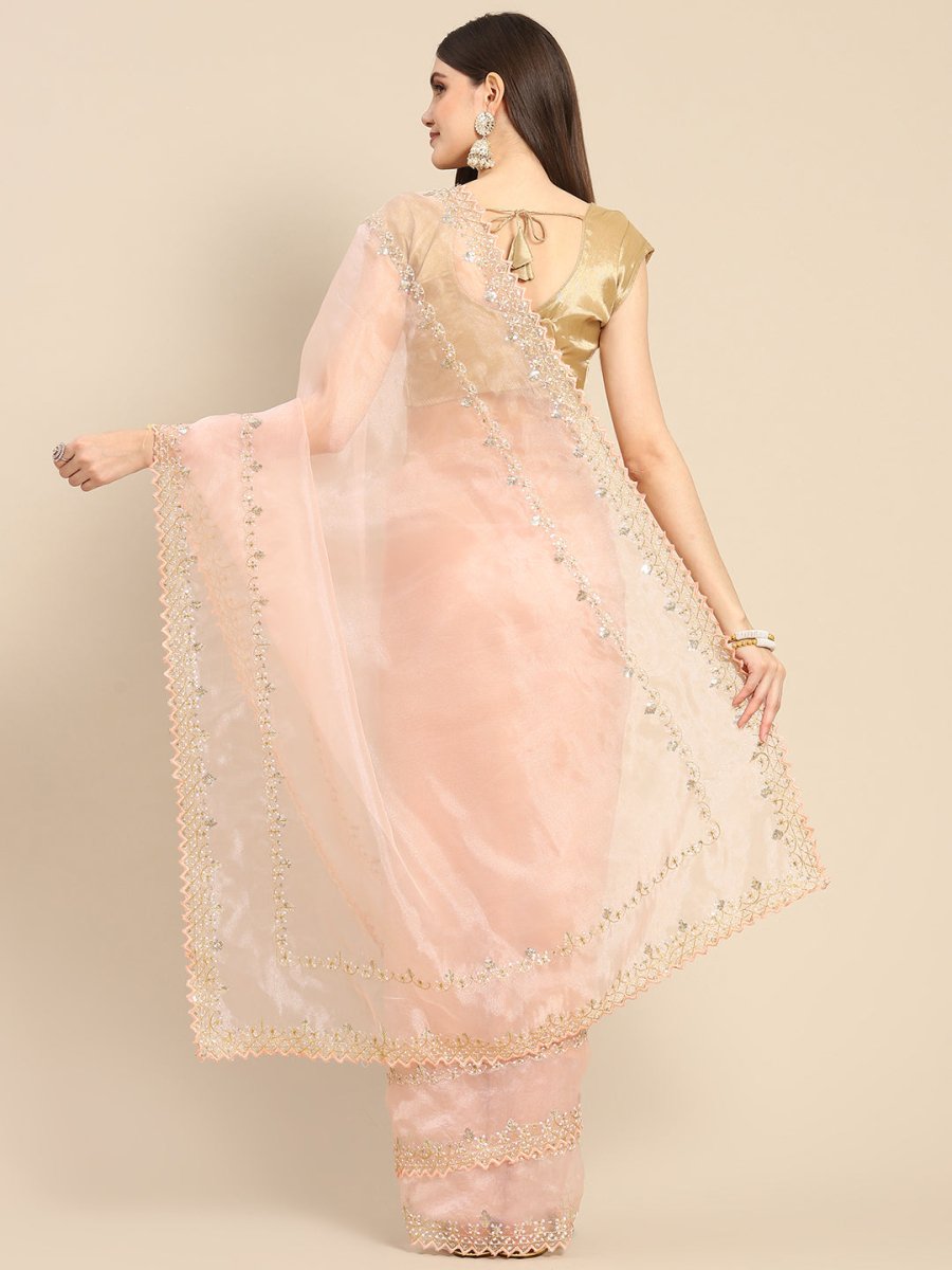 Anouk Pink Sequinned Organza Saree With Embroidered Border - Distacart
