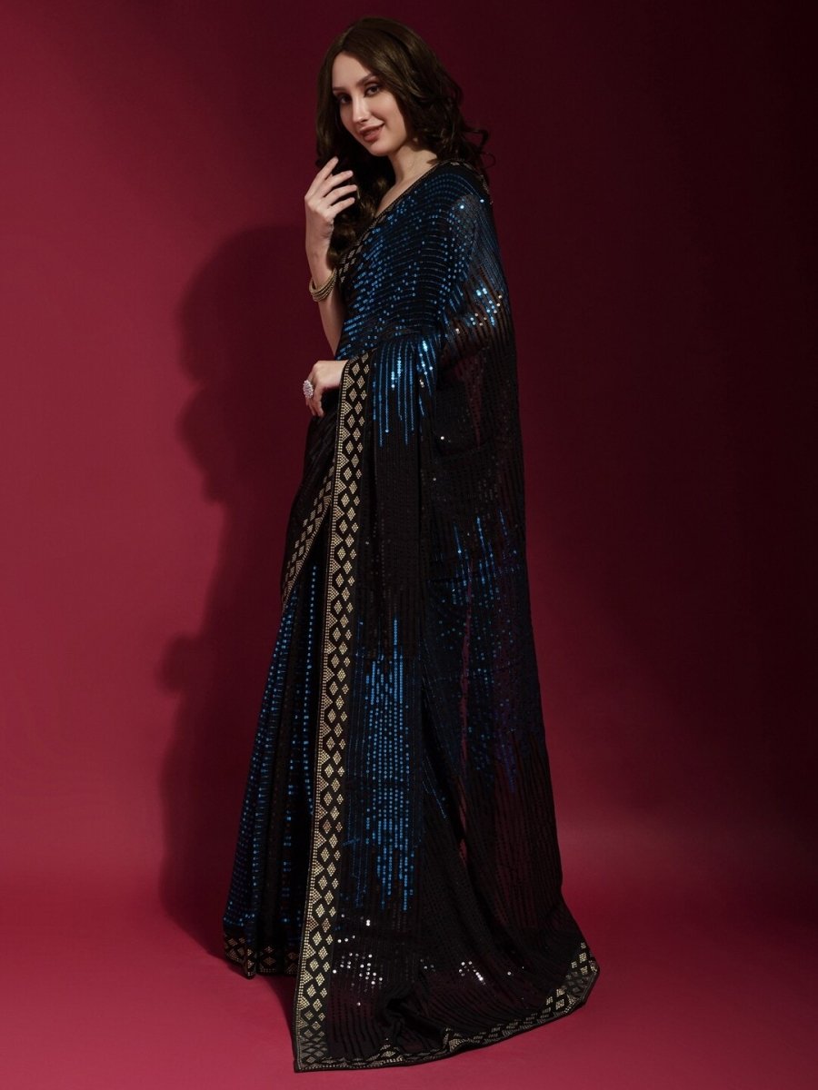 Anouk Black & Blue Embellished Sequinned Pure Georgette Saree - Distacart