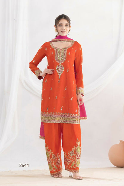 Anaita Orange Chinon Readymade Suit with Embroidery Coding & Sequence Work - Distacart