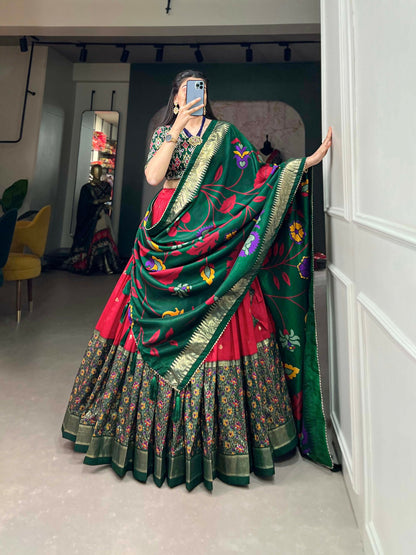 Vastranavya Stunning Look Tussar Silk Printed With Foil Work Indian Lehenga Choli - Red - Distacart