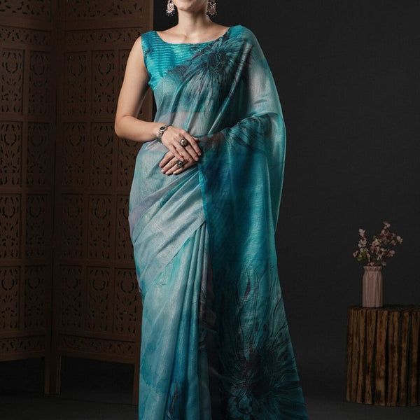 Anouk Blue & Black Floral Printed Organza Saree - Distacart