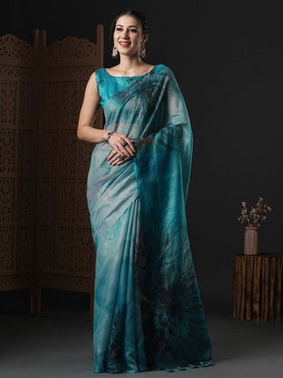 Anouk Blue & Black Floral Printed Organza Saree - Distacart