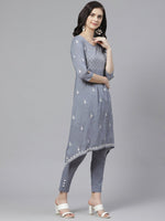 Thumbnail for ADA Women Grey & White Chikankari Embroidered Sustainable Handloom Kurta with Trousers - Distacart