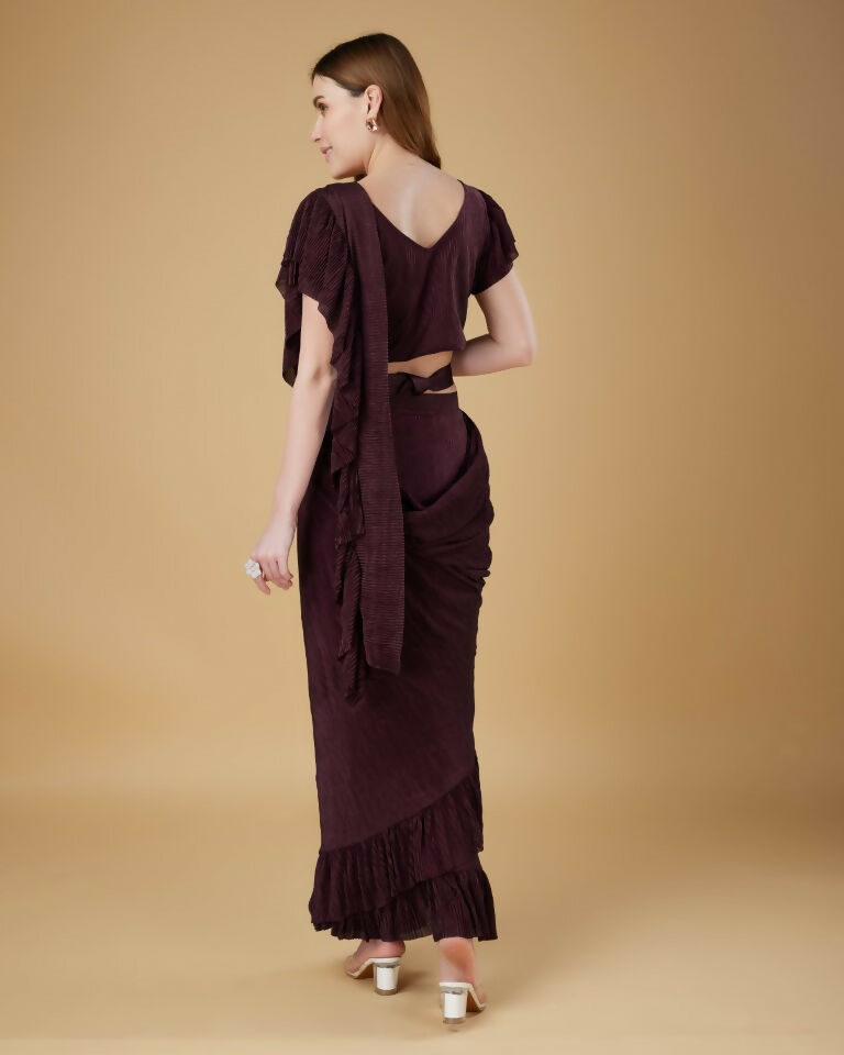 Wine Imported Crush Solid Ready to Wear Saree with stitched Blouse - Aayan - Distacart