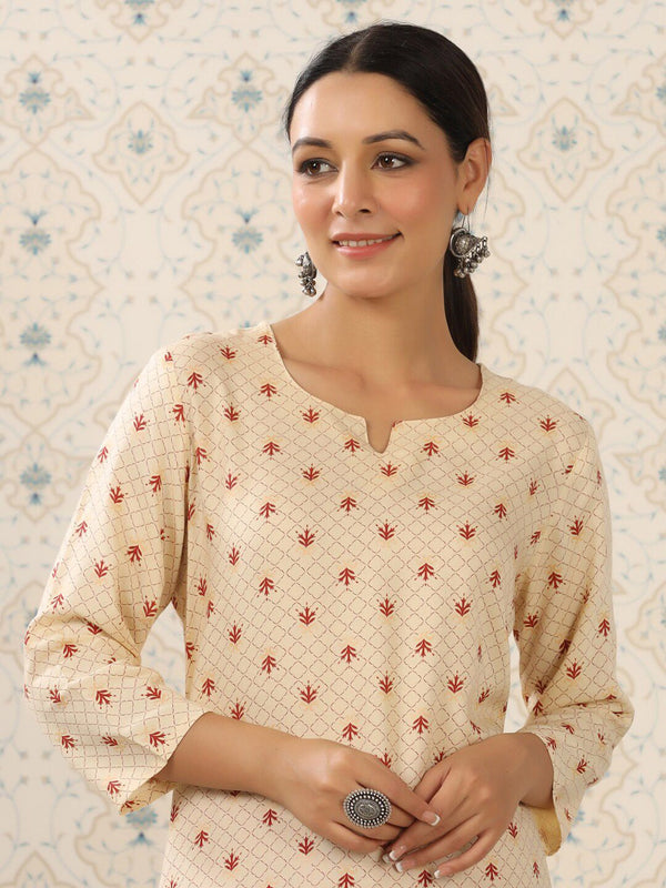 Ode by House of Pataudi Cream-Coloured & Red Printed Notched Neck Kurta With Palazzos - Distacart